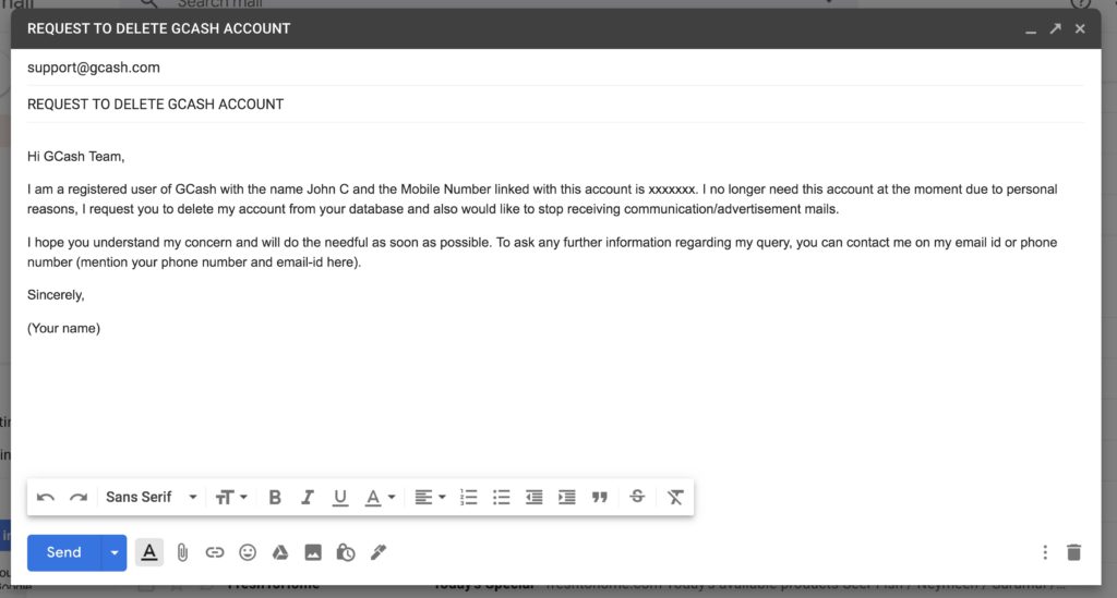 How to delete GCash account sample email template
