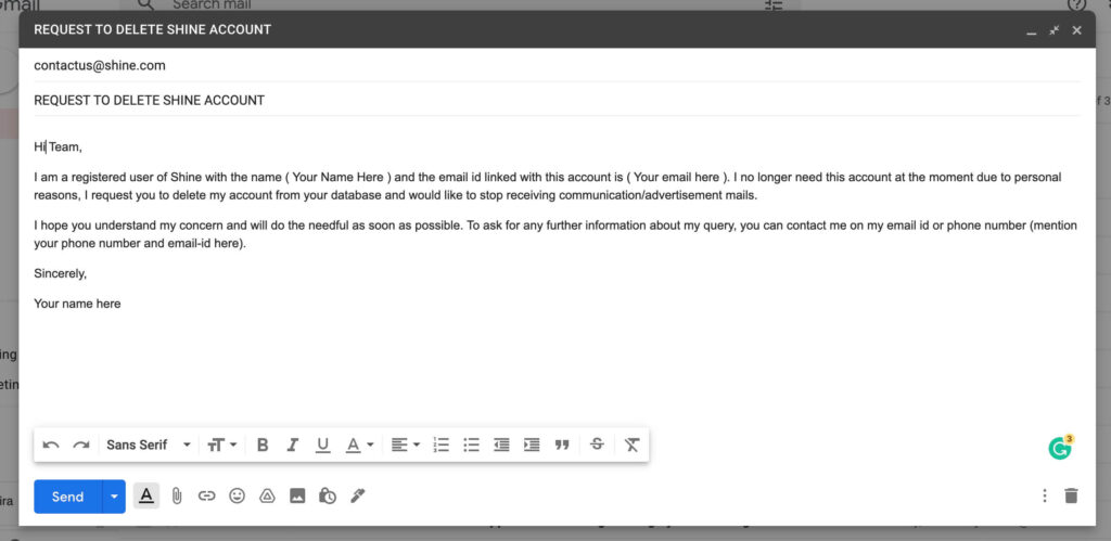 how to delete shine account - email template