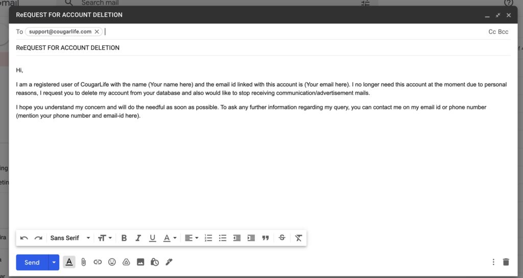 how to delete cougarLife account - email template
